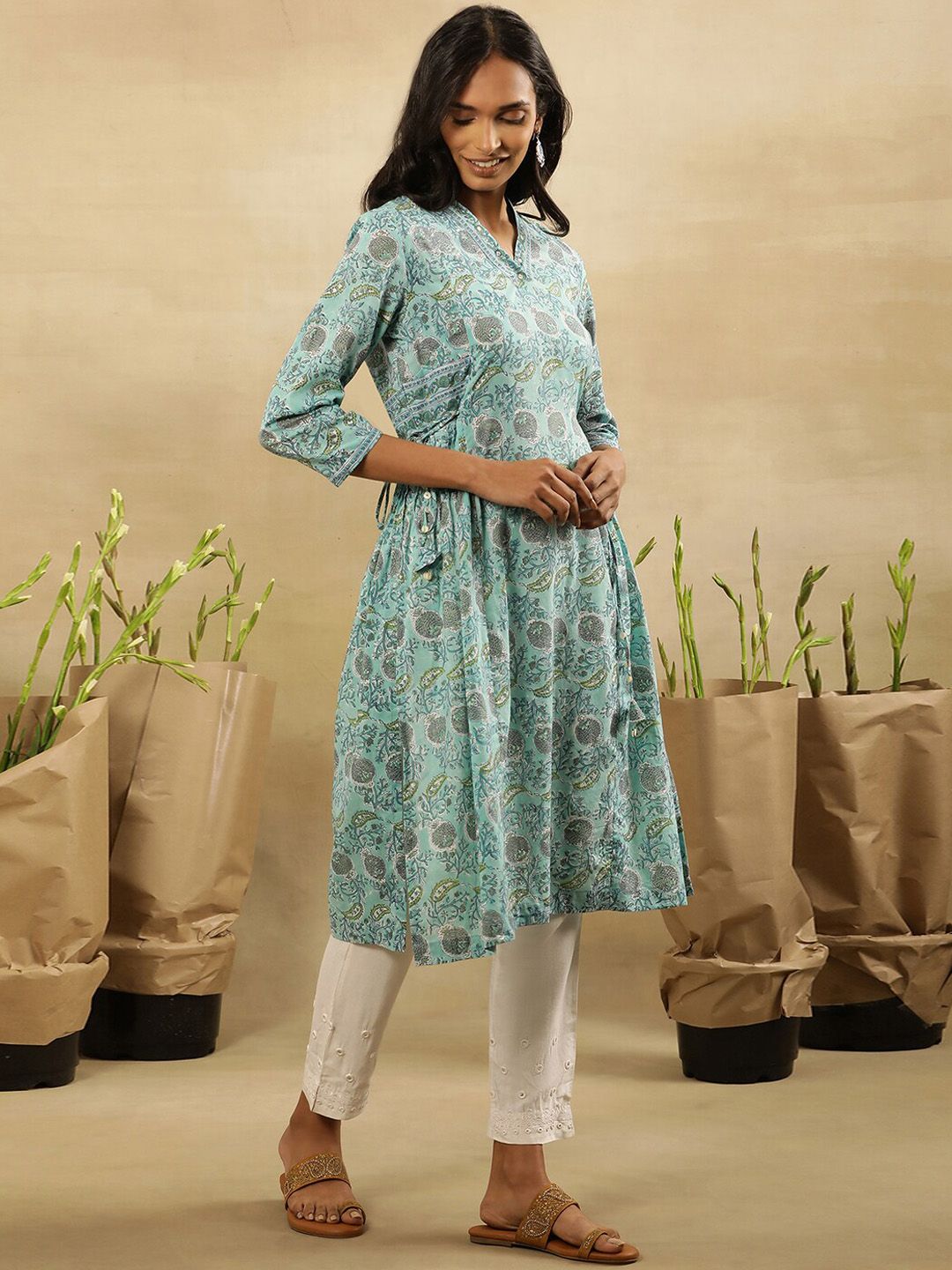 W Women Floral Printed Flared Sleeves Cotton A-Line Kurta
