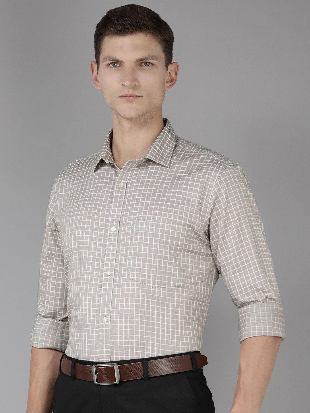 Park Avenue Pure Cotton Slim Fit Grid Tattersall Checked Formal Shirt