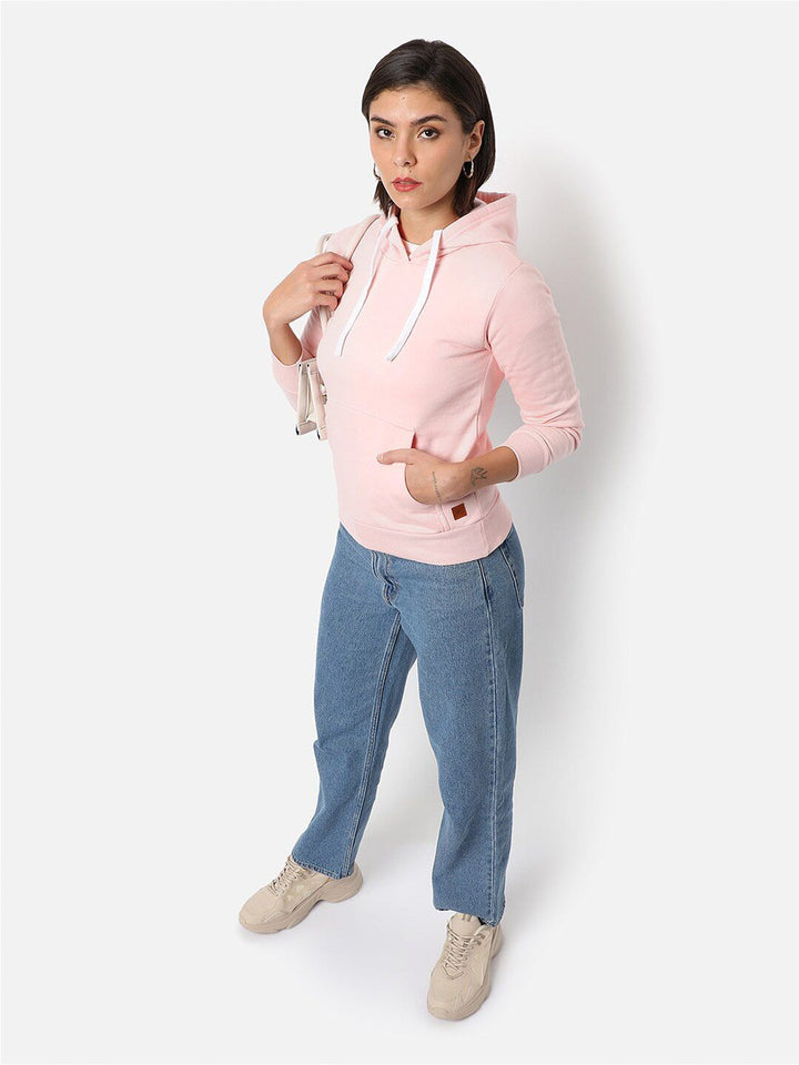 Kampus Sutra Wanita Pink Polid Hooded Pull Over Sweatshirt