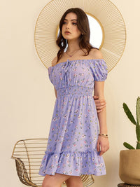 Berrylush Purple Floral Print Off-Shoulder Smocked Fit & Flare Dress