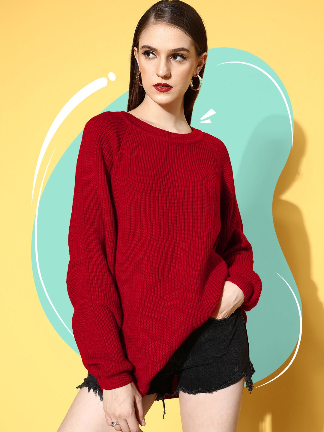 Berrylush Women Stunning Red Solid Knits Bits Sweater