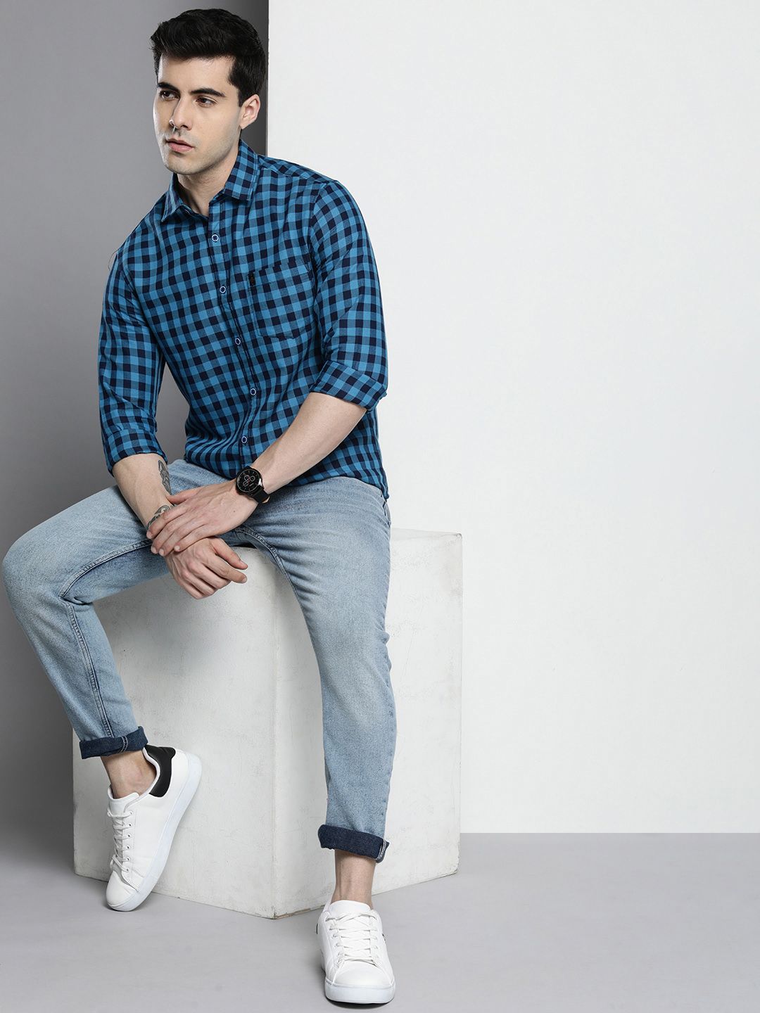 The Indian Garage Co Checked Pure Cotton Casual T-Shirt