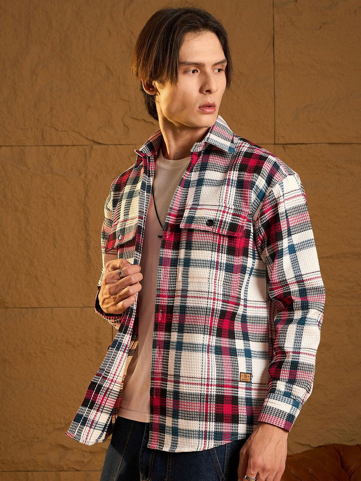 DENNISON Men Double Pocket Drop Shoulder Oversized Cotton Checked Shacket