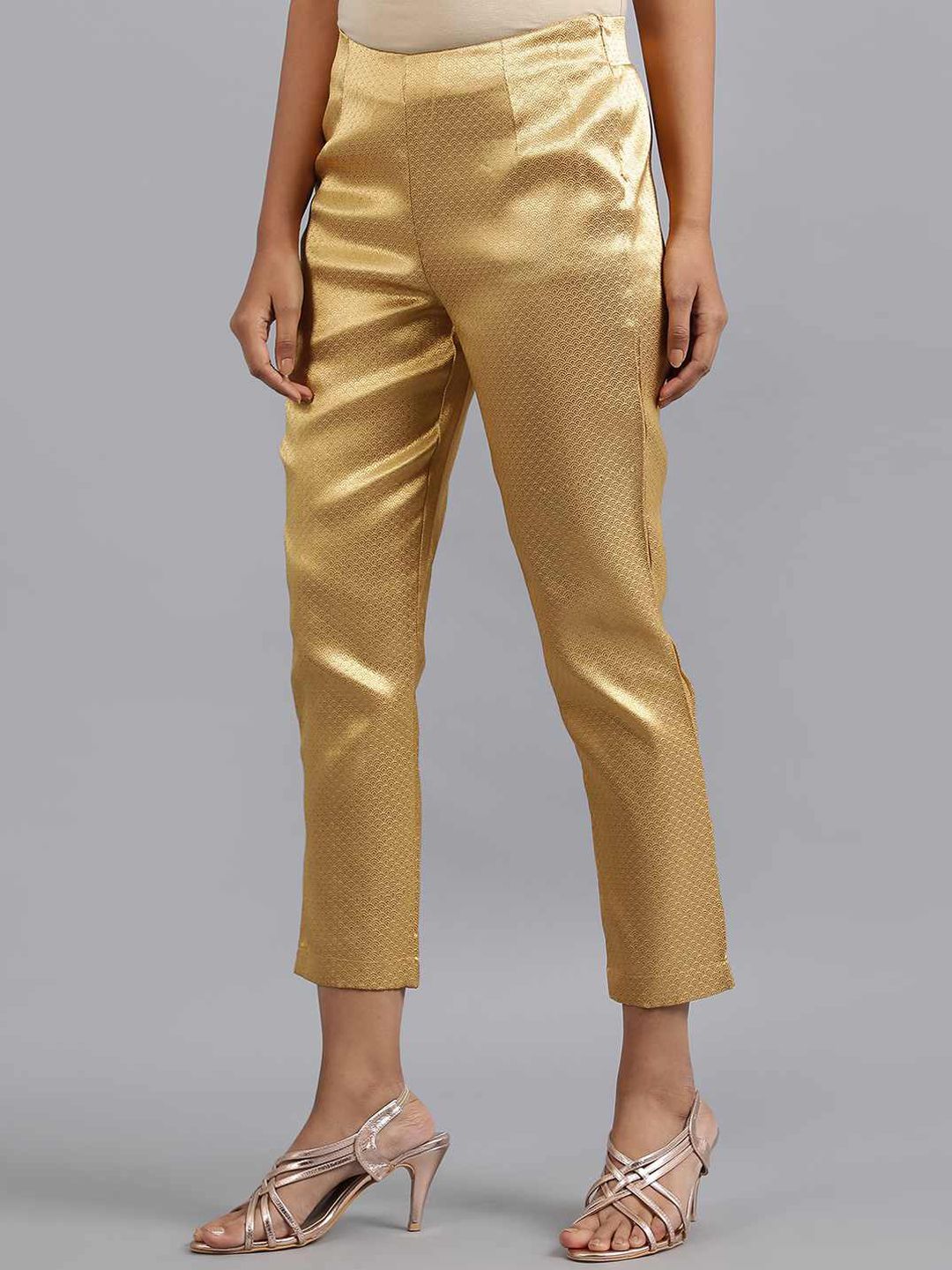 W Women Gold-Toned Printed Slim Fit Pleated Culottes Trousers