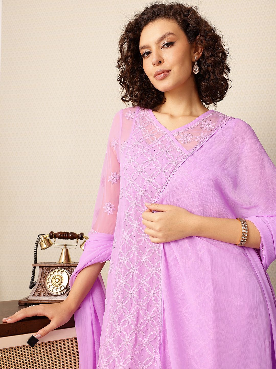 House of Pataudi Chikankari Embroidered Angrakha Jashn Kurta with Trousers & Dupatta