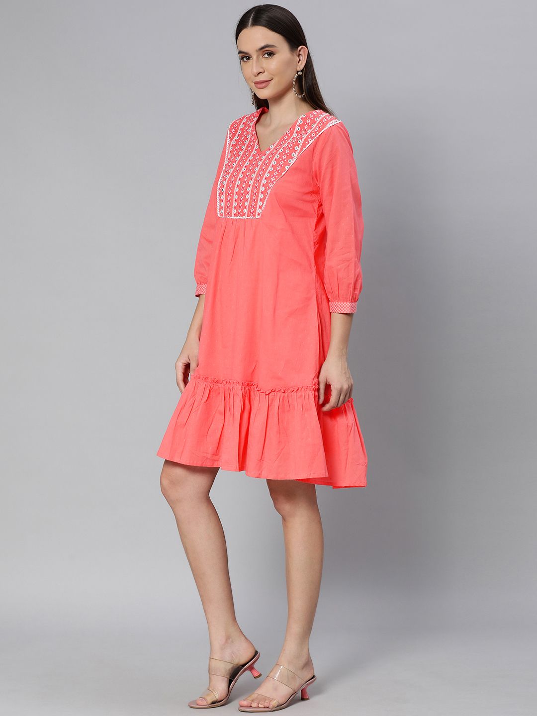 Global Desi Women Coral Pink & White Embroidered A-Line Dress