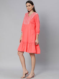 Global Desi Women Coral Pink & White Embroidered A-Line Dress