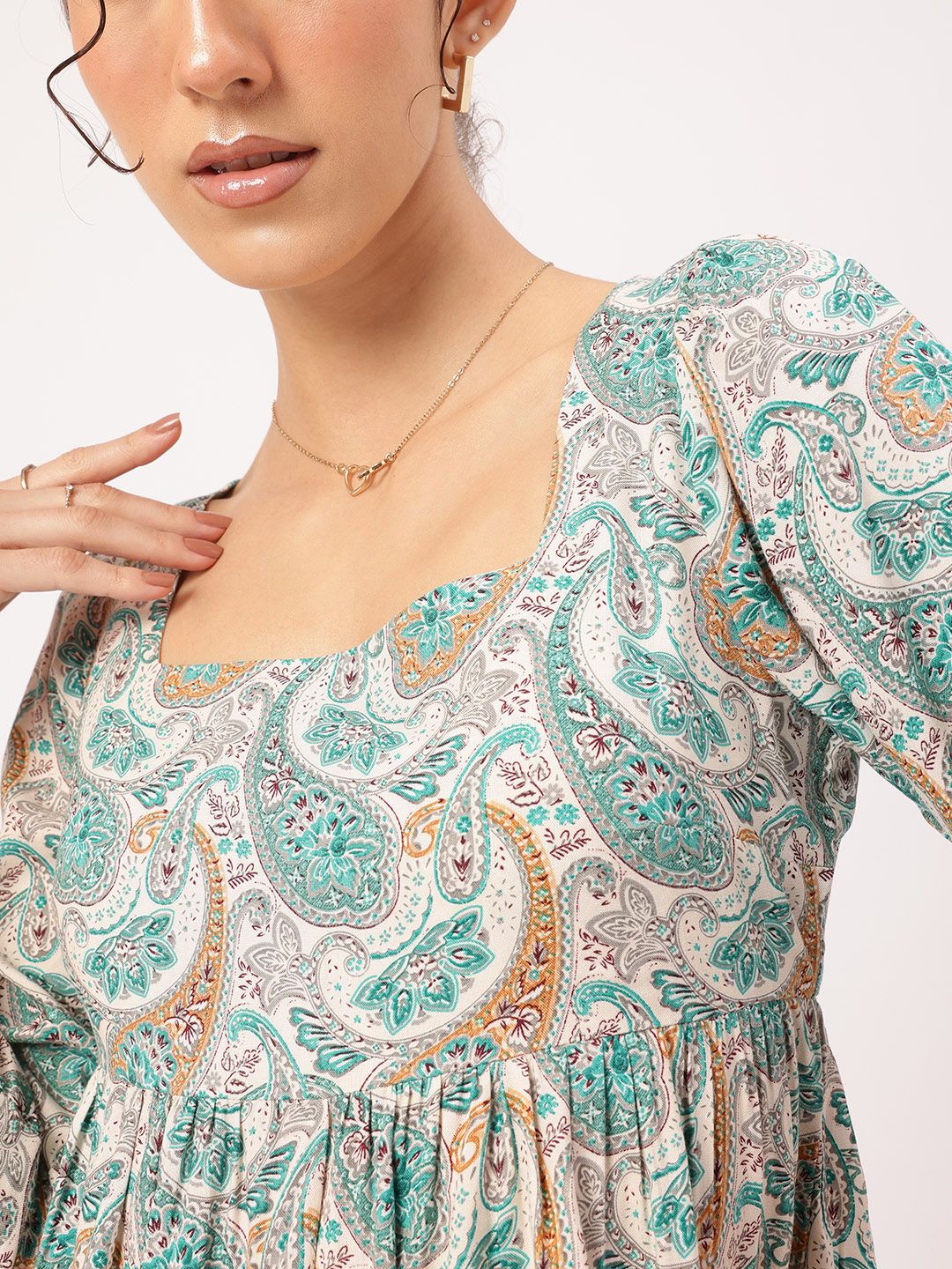 DressBerry Retro Blooms Paisley Printed Square Neck A-Line Mini Dress