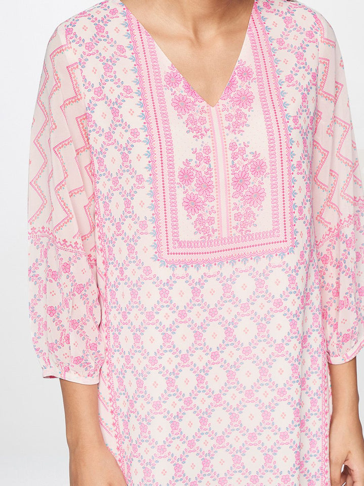 Global Desi Women Cream-Coloured & Pink Floral Printed V-Neck Straight Kurta