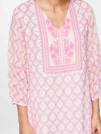 Global Desi Women Cream-Coloured & Pink Floral Printed V-Neck Straight Kurta