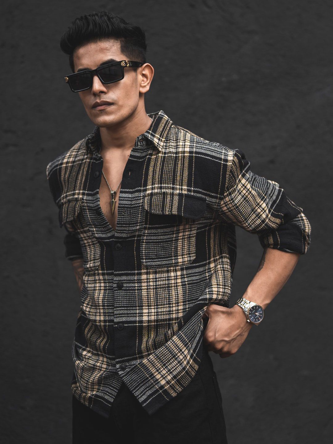 Powerlook Black India Slim Tartan Checked Oversized Casual Shirt