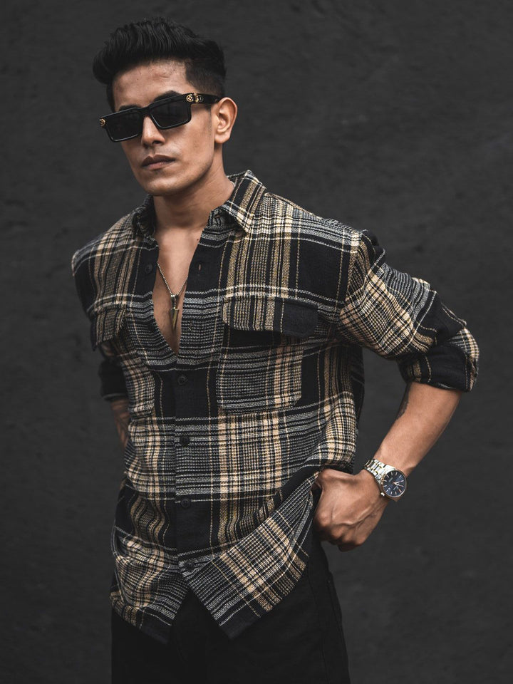 Powerlook Black India Slim Tartan Checked Oversized Casual Shirt