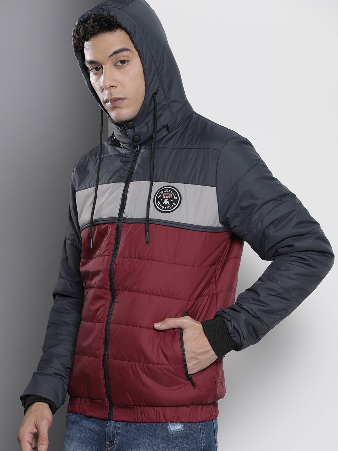 The Indian Garage Co Men Colourblock Puffer Jacket with Detachable Hood