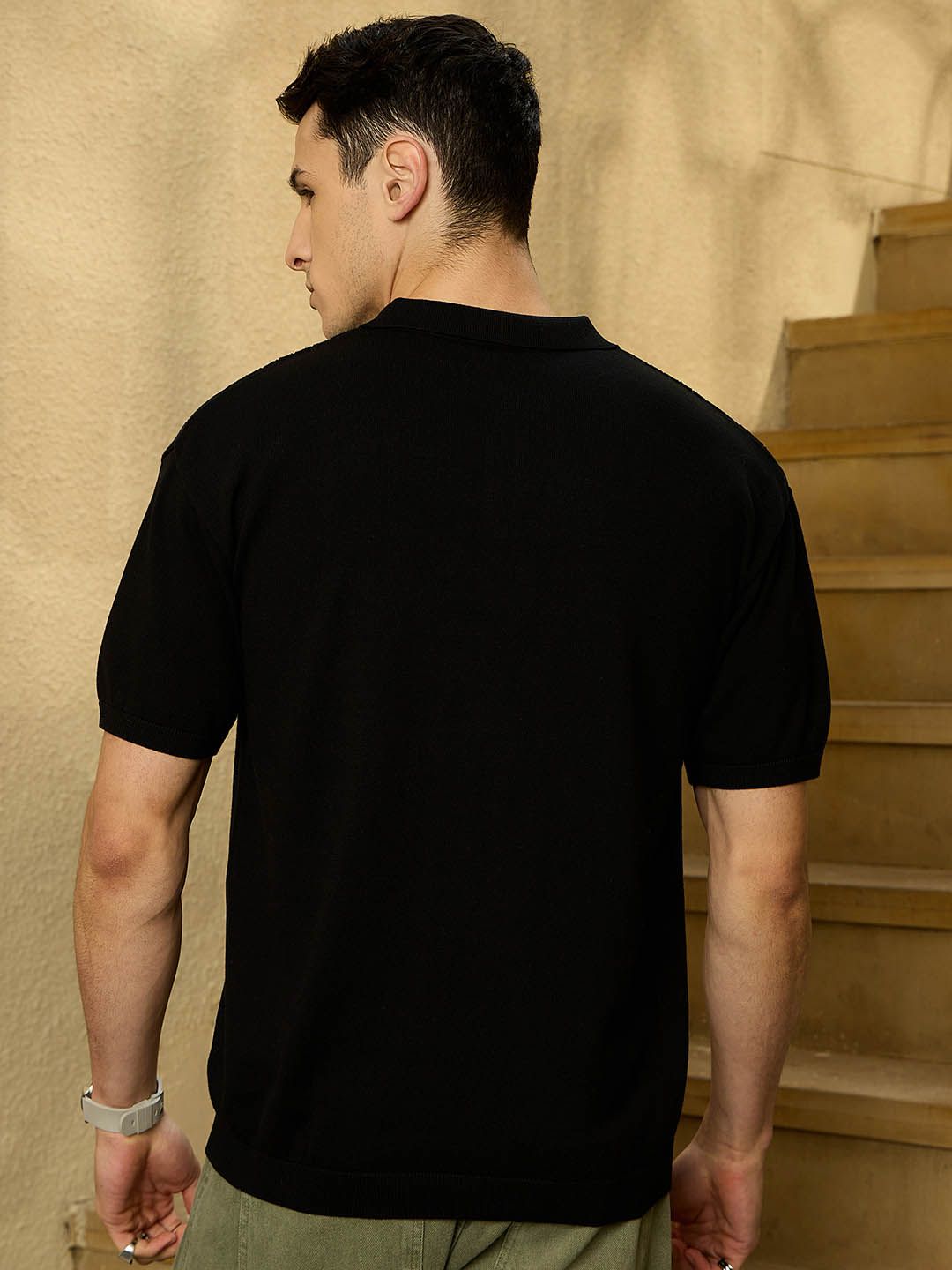 DENNISON Men Oversized Polo Neck Semi Sheer Knitted Pure Cotton T-Shirt