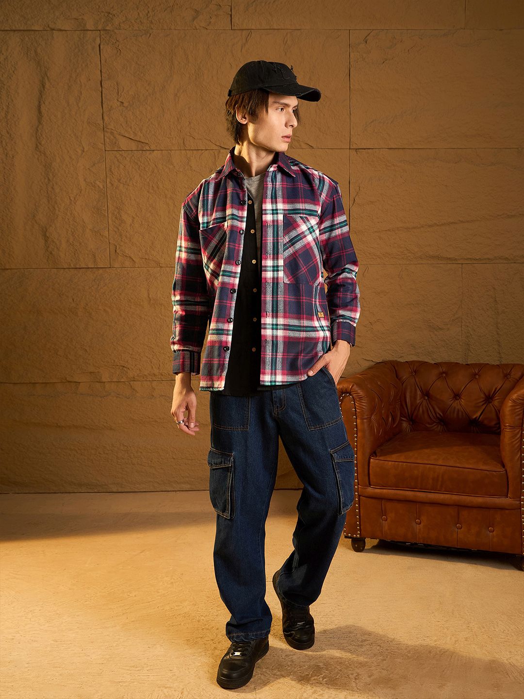DENNISON Men Double Pocket Drop Shoulder Oversized Cotton Checked Shacket