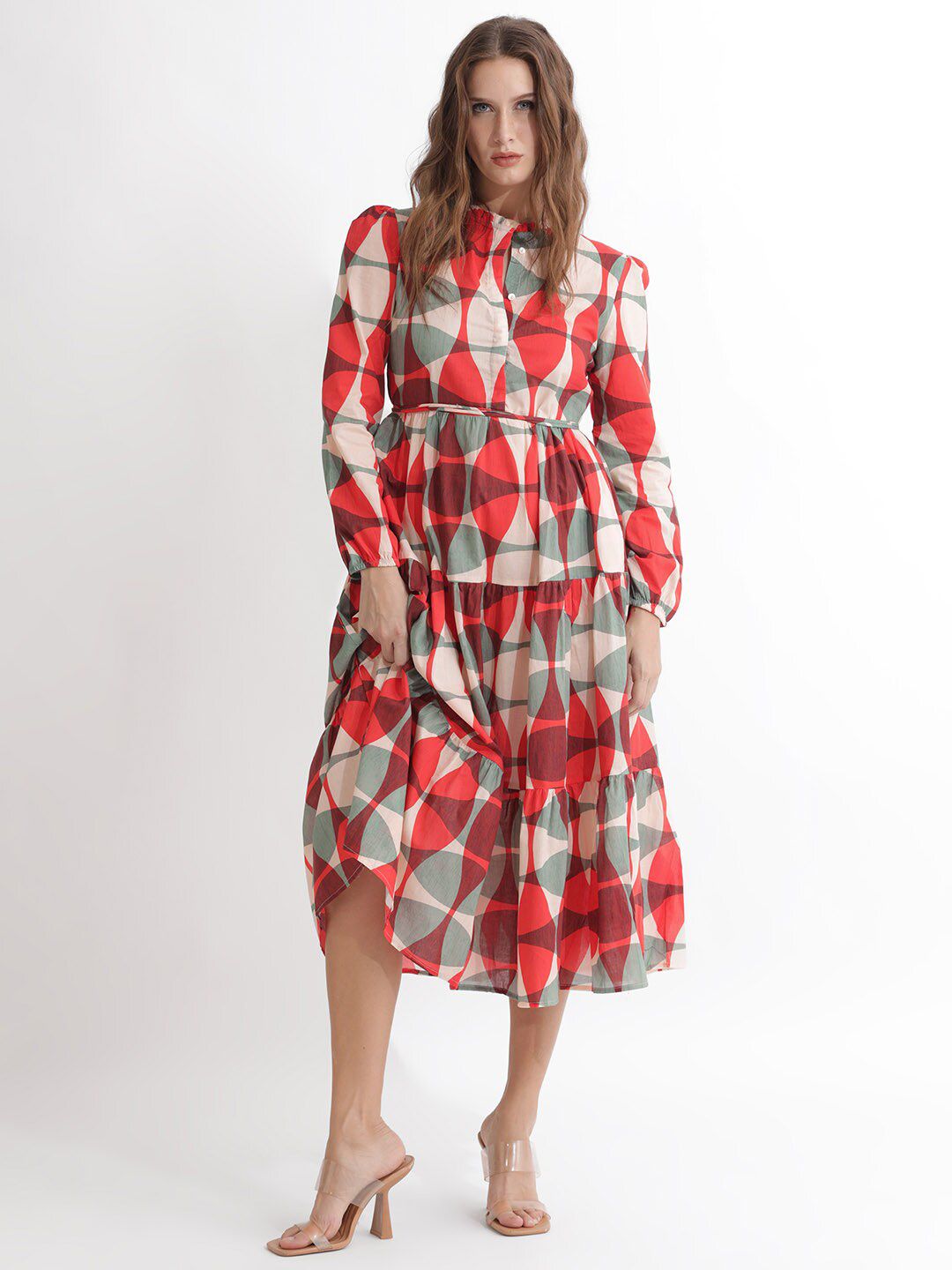 Rareism dicetak Puff Sleeves Cotton Fit & Flare Midi Dress
