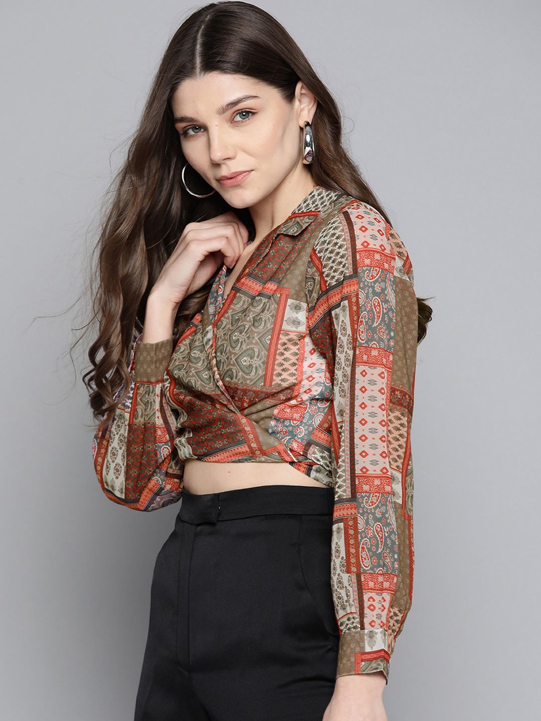 Sassafras Brown & Red Geometric Printed Georgette Wrap Crop Top