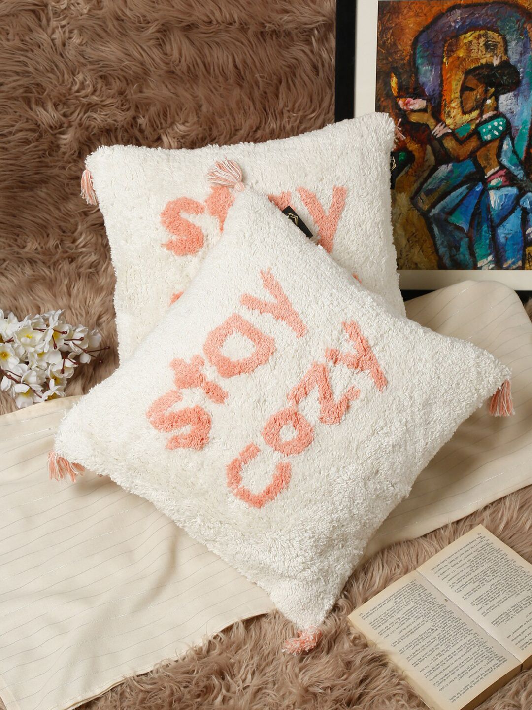 HOSTA HOMES Set Of 2 White & Peach Geometric Pure Cotton Square Cushion Covers