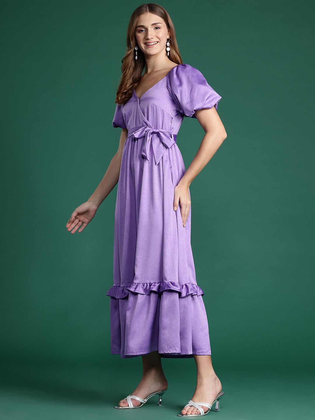 DressBerry Puff Sleeve Ruffled Satin Maxi Dress