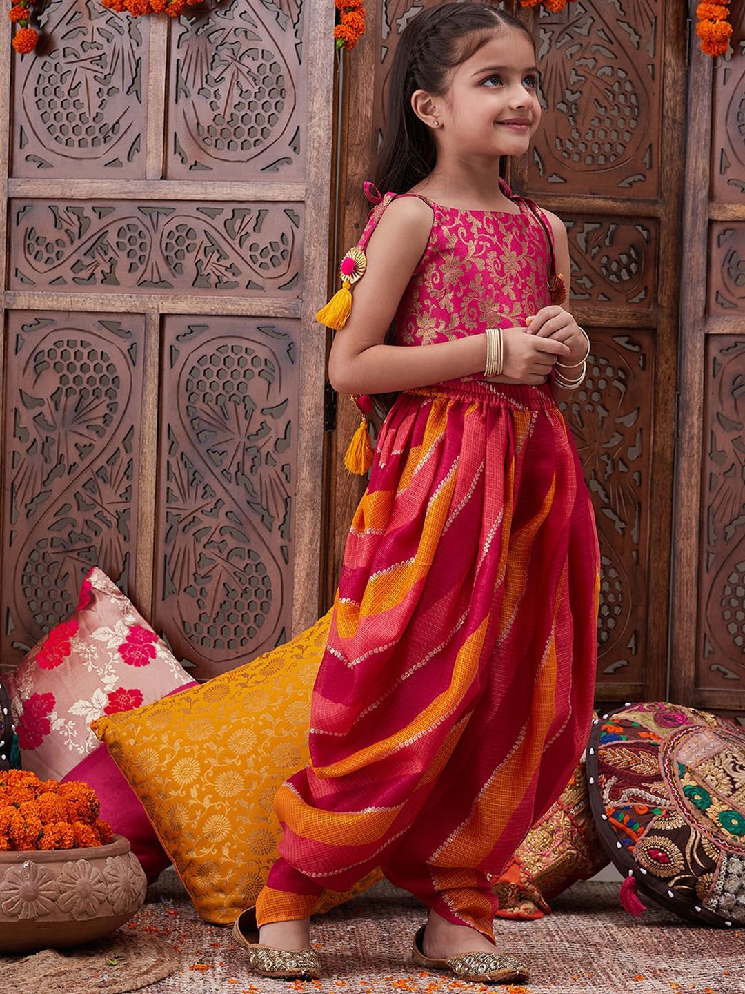 pspeaches Girls Floral Printed Shoulder Straps Top with Dhoti Pants