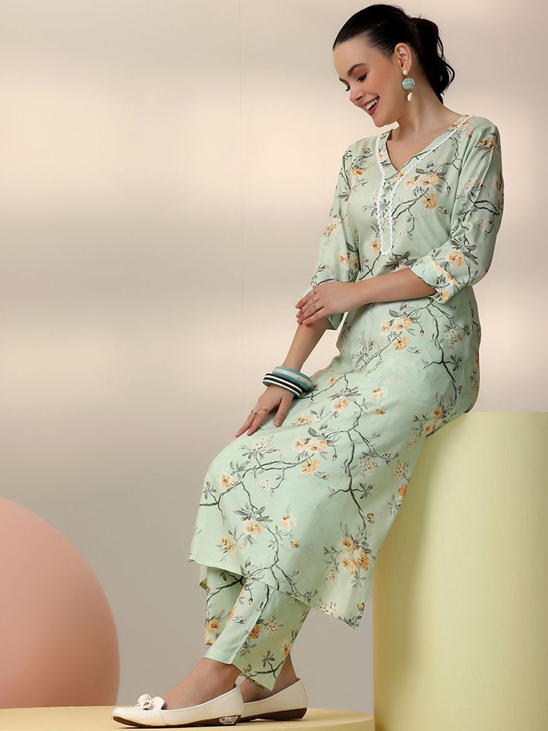 Libas Sea Green Floral Printed V-Neck Tunic With Palazzo