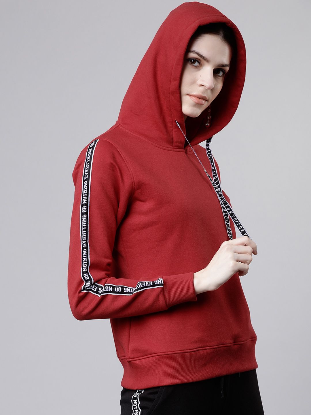 Tokyo Talkies Women Red Solid Hooded Sweatshirt