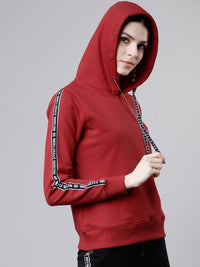 Tokyo Talkies Women Red Solid Hooded Sweatshirt