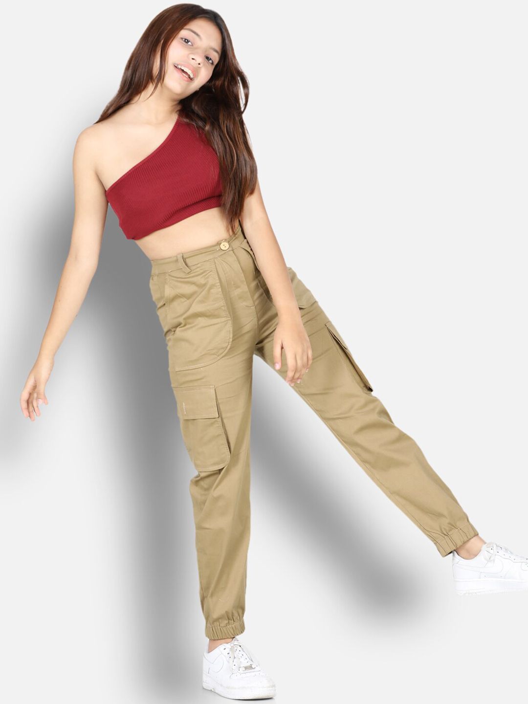 Cutiekins Girls Beige High-Rise Cargos Trouser