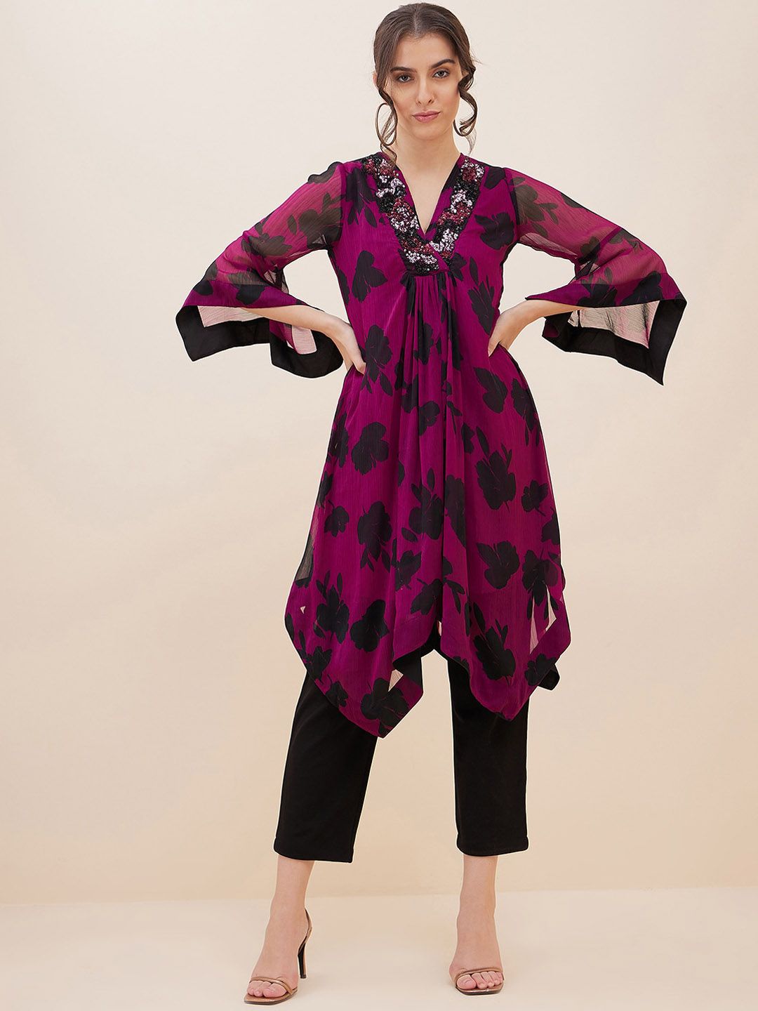 Antheaa Floral Printed Sequinned A-Line Top With Trousers