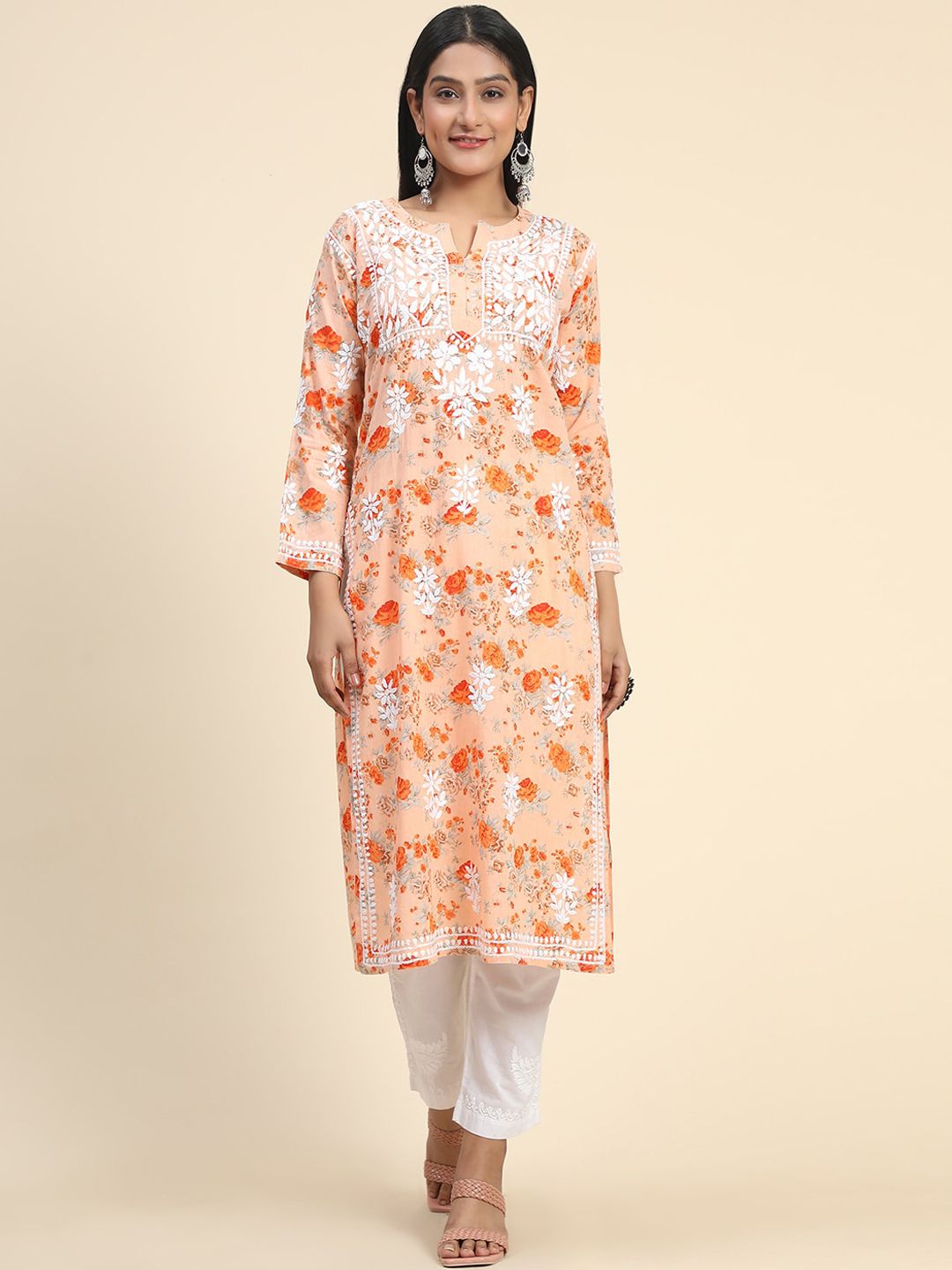 HOUSE OF KARI Women Floral Printed Thread Work Cotton Kurta