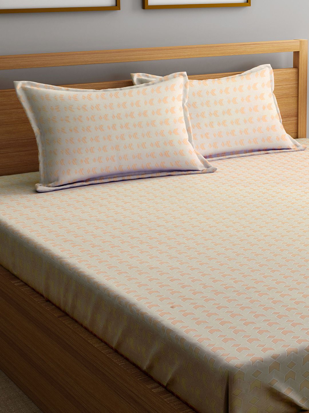 Myntra Elegant Homes Orange Geometric Polycotton 300 TC Dilengkapi Cadar King Halus dengan 2 Sarung Bantal-98 x 87 inci
