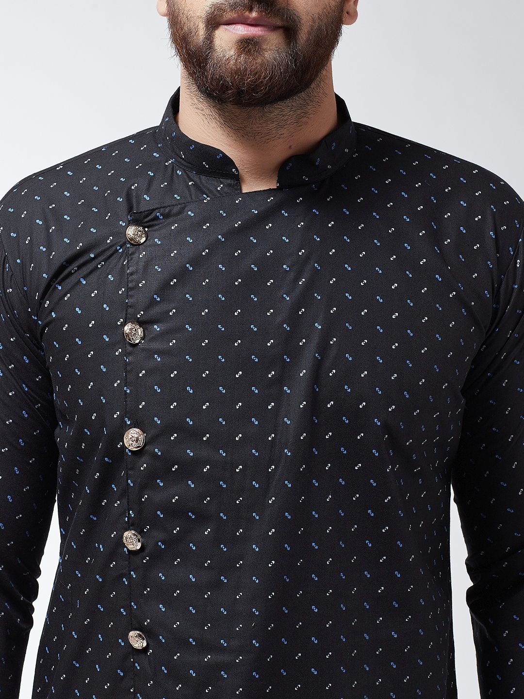 SOJANYA Lelaki Black Printed Cotton Linen Kurta Lurus