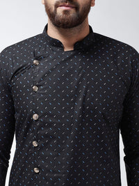 SOJANYA Lelaki Black Printed Cotton Linen Kurta Lurus