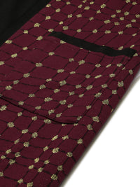Global Desi Maroon & Gold-Toned Checked Shawl Collar Regular Sleeves Jacket Jumper Dress