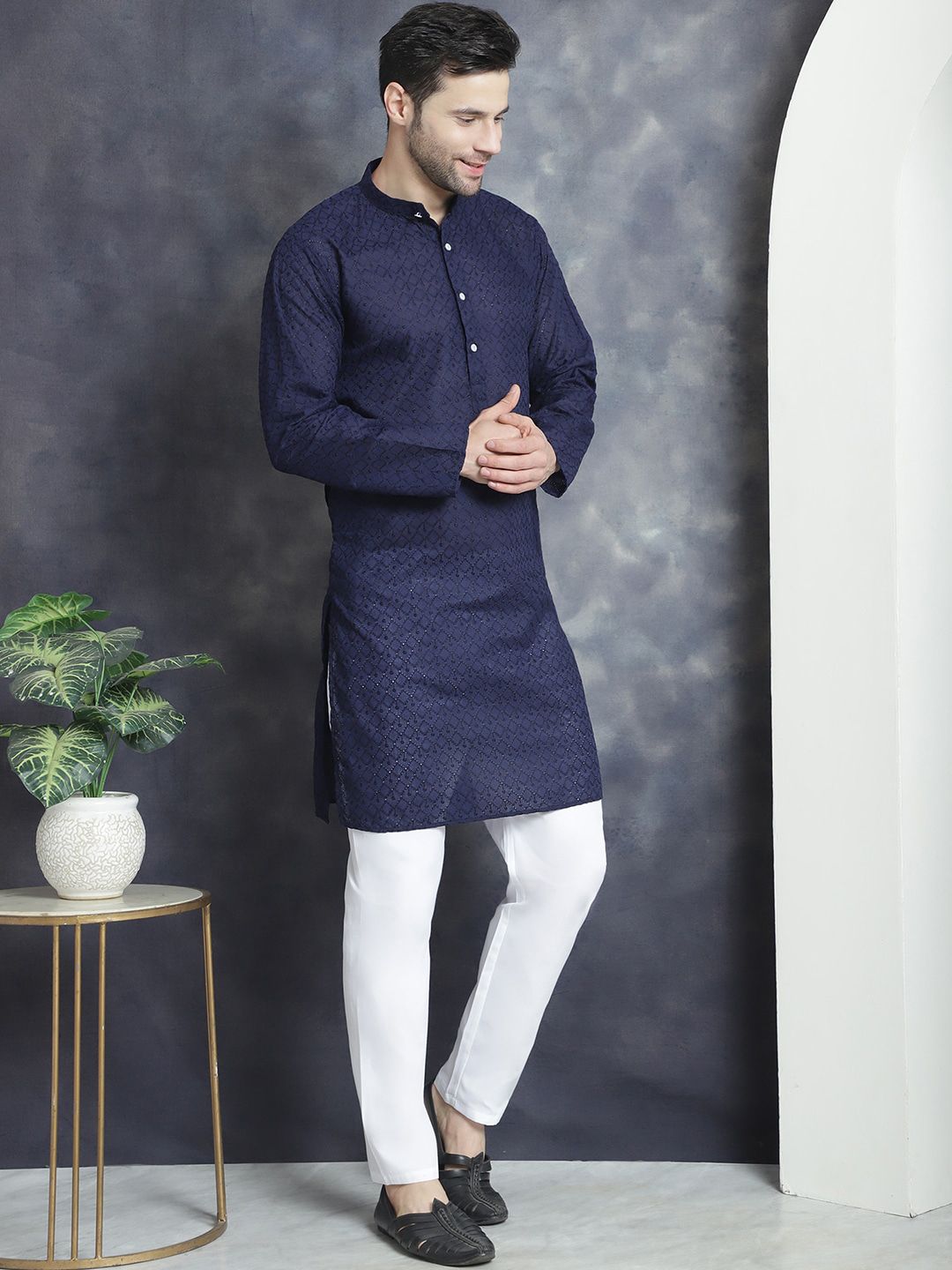 Anouk Ethnic Motifs Embroidered Regular Chikankari Pure Cotton Kurta With Pyjamas