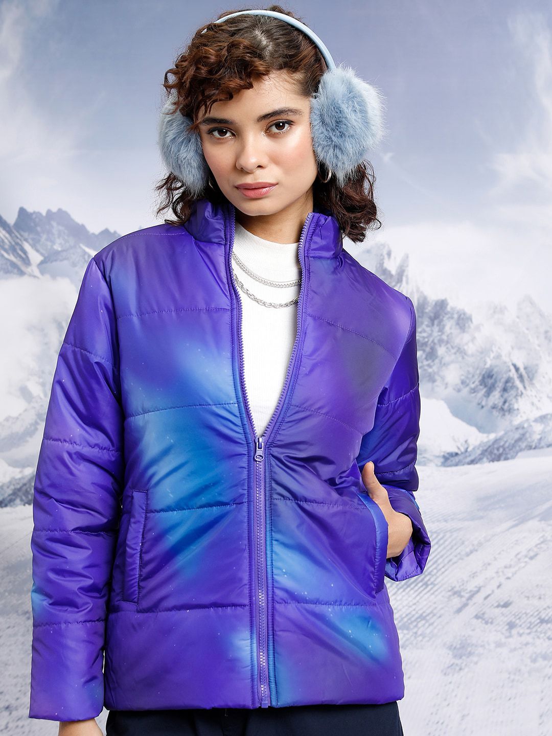 Tokyo Talkies Printed Stand Collar Puffer Jacket