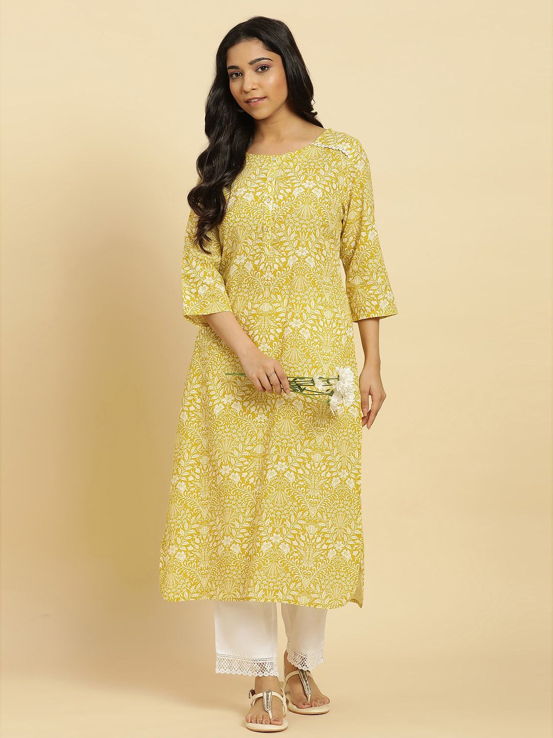 W Yellow Floral Printed Keyhole Neck Gotta Patti Cotton A-Line Kurta
