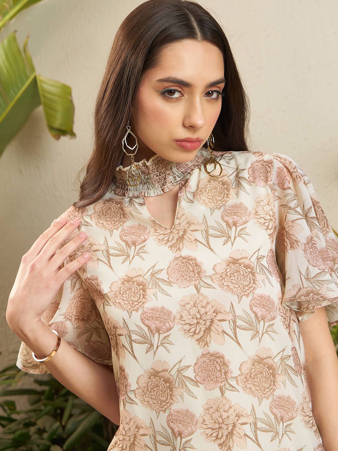 SASSAFRAS Cream-Coloured Floral Printed High Neck Cut-Outs Georgette A-Line Dress