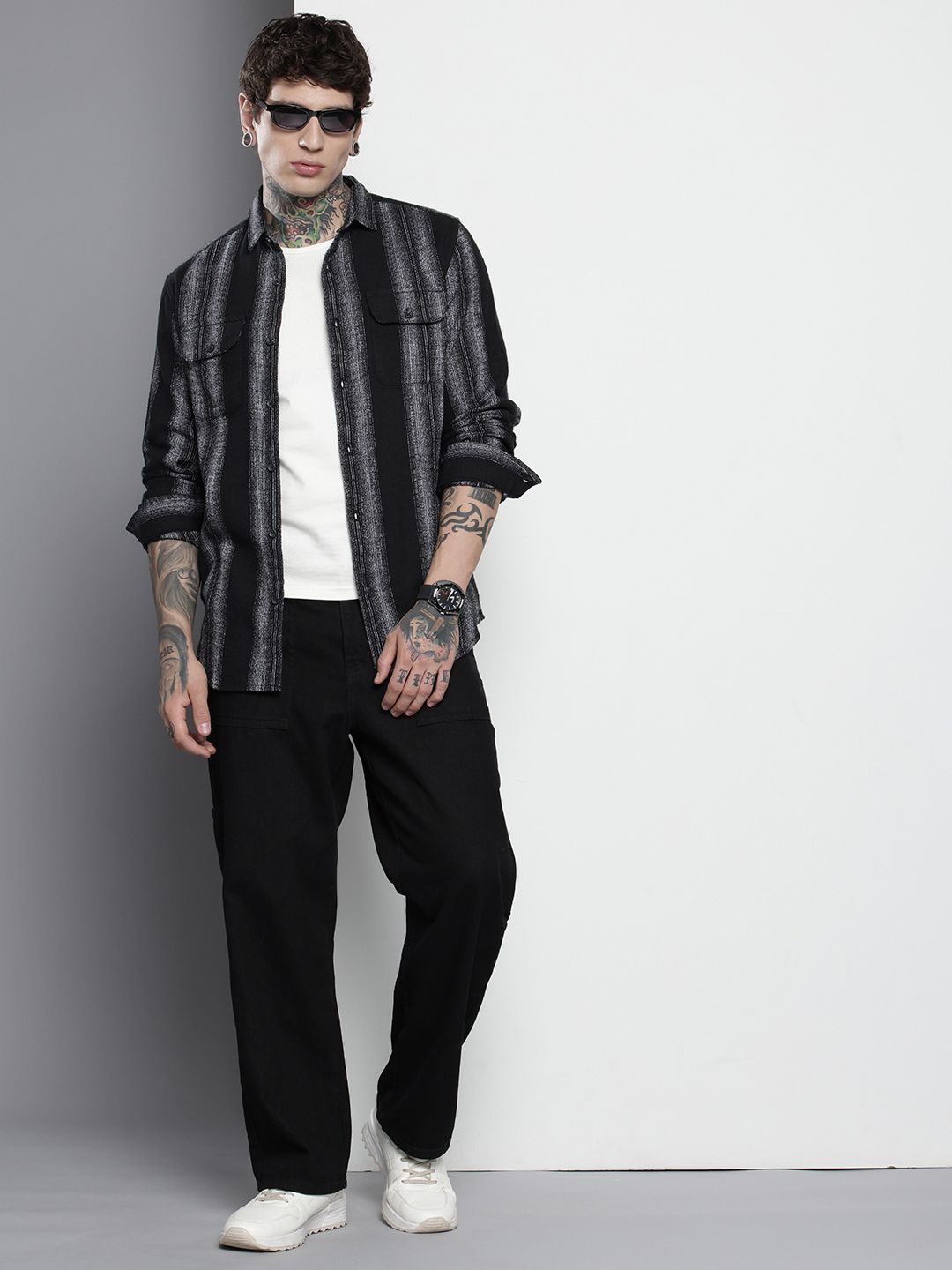 The Indian Garage Co Men Slim Fit Striped Double Flap Casual Shirt