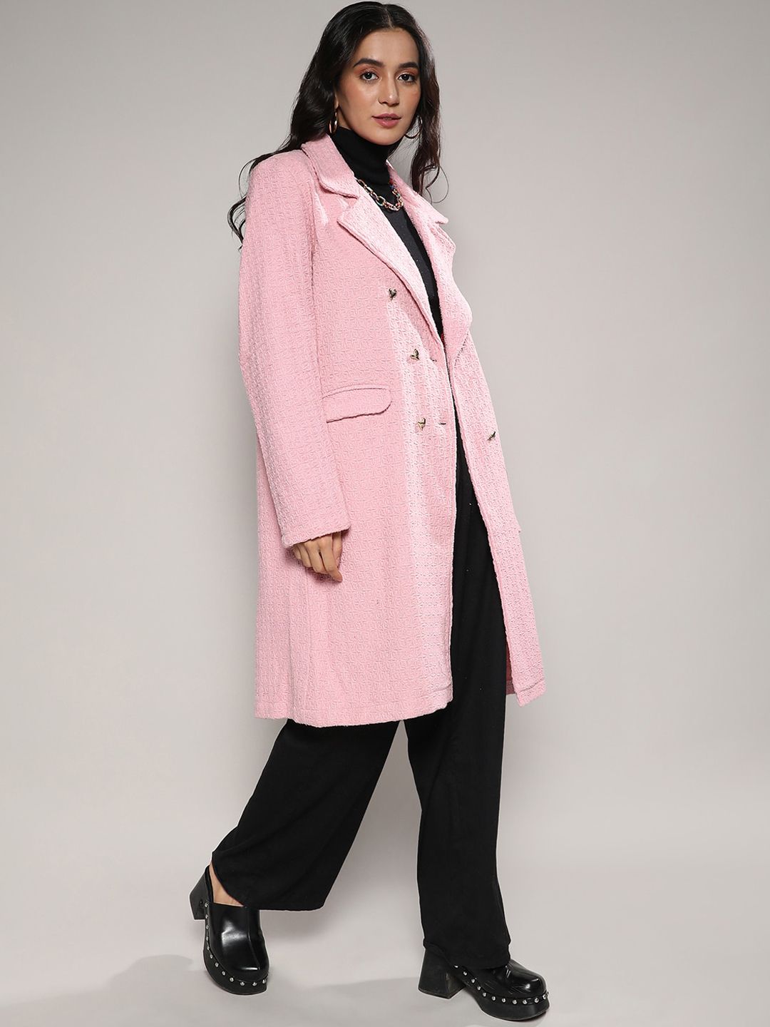 Campus Sutra Pink Self Design Notched Lapel Collar Longline Trench Coat