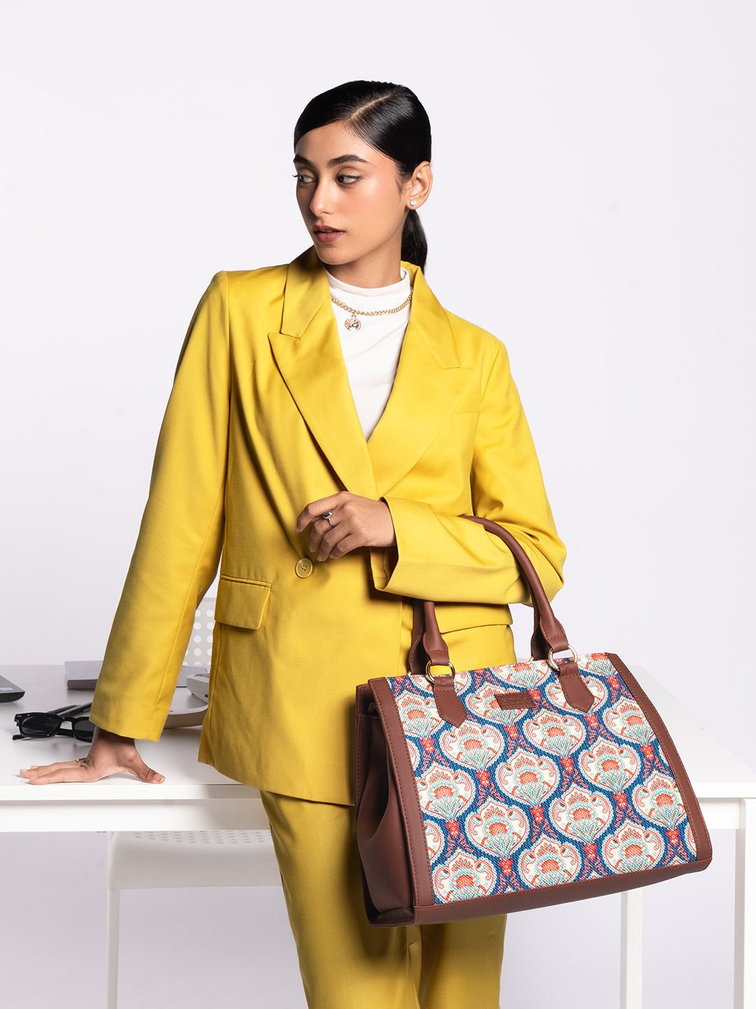 ZOUK Ethnic Motifs Printed Structured Jute Handheld Bag