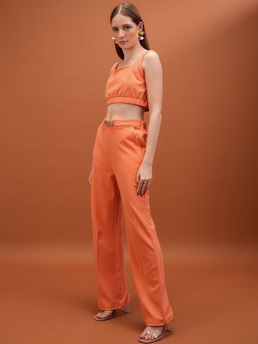 Tokyo Talkies Orange Coloured Square Neck Top Blazer & Trousers Co-Ords