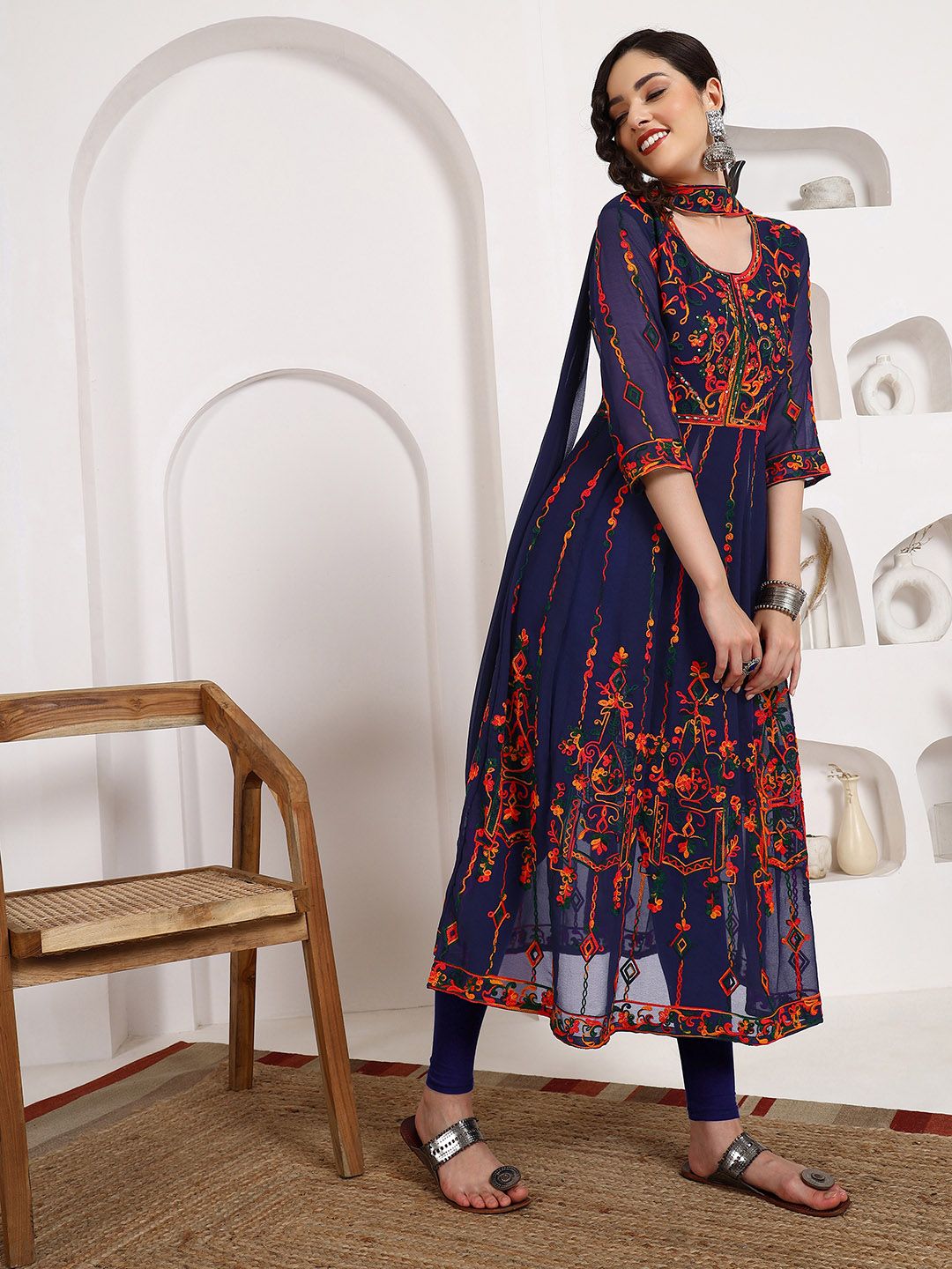KALINI Georgette Chikankari Embroidery Anarkali Kurta With Dupatta