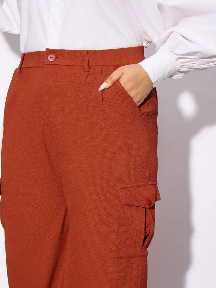 SASSAFRAS Curve Women Plus Size Rust Orange Straight Fit Pleated-Front Cargos Trousers