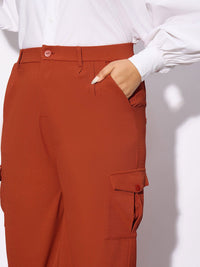SASSAFRAS Curve Women Plus Size Rust Orange Straight Fit Pleated-Front Cargos Trousers