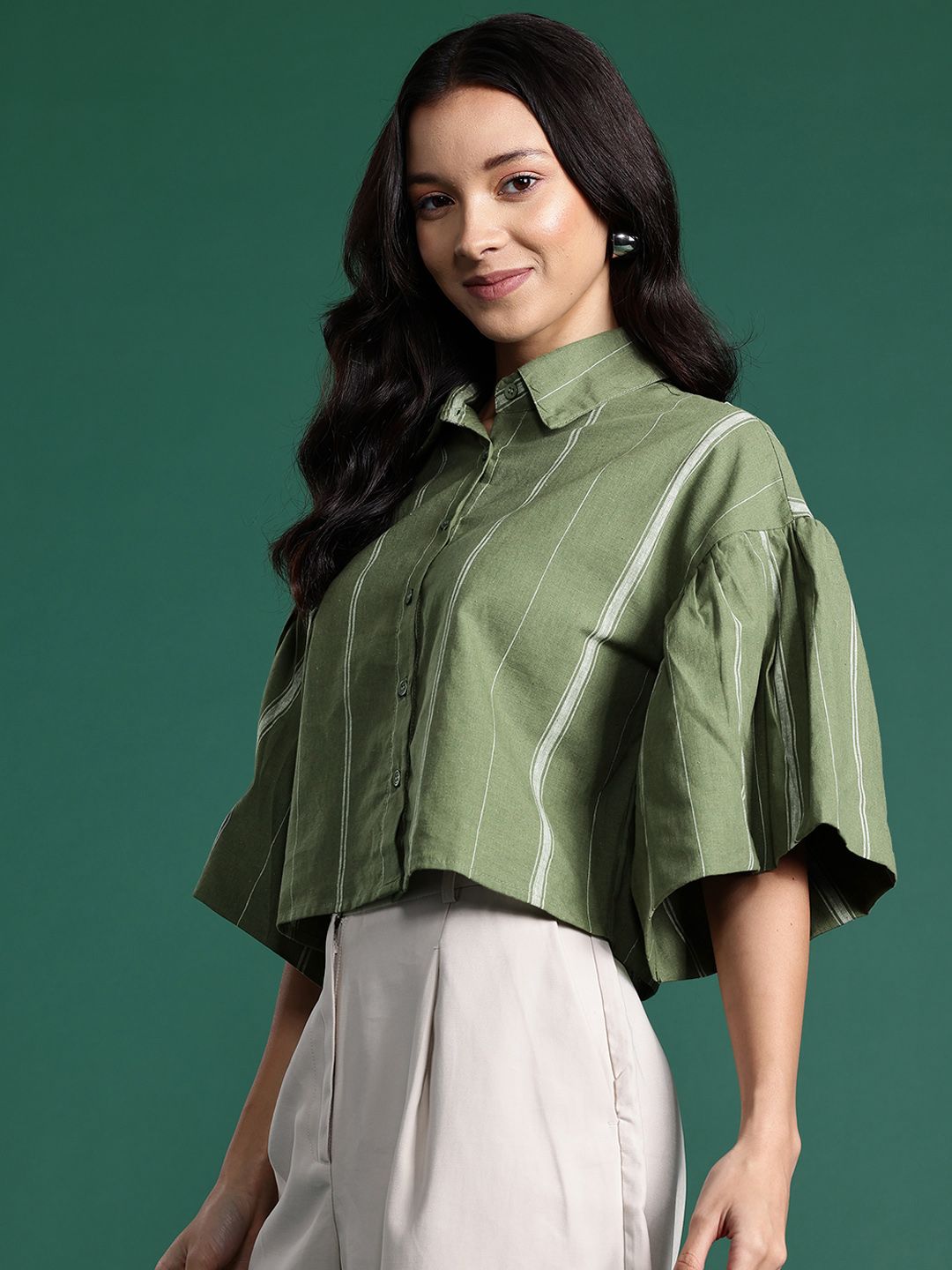 DressBerry Women Boxy Flared Sleeves Striped Casual Pure Cotton Shirt