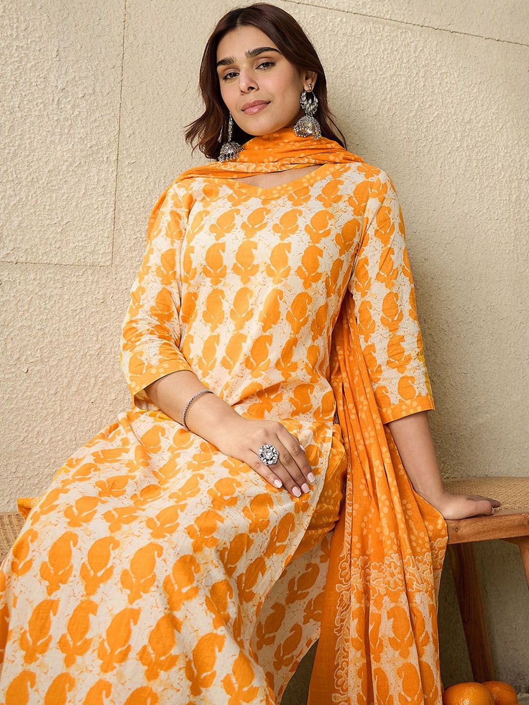 Indo Era Paisley Printed V-Neck Pure Cotton Straight Kurta With Trousers And Dupatta