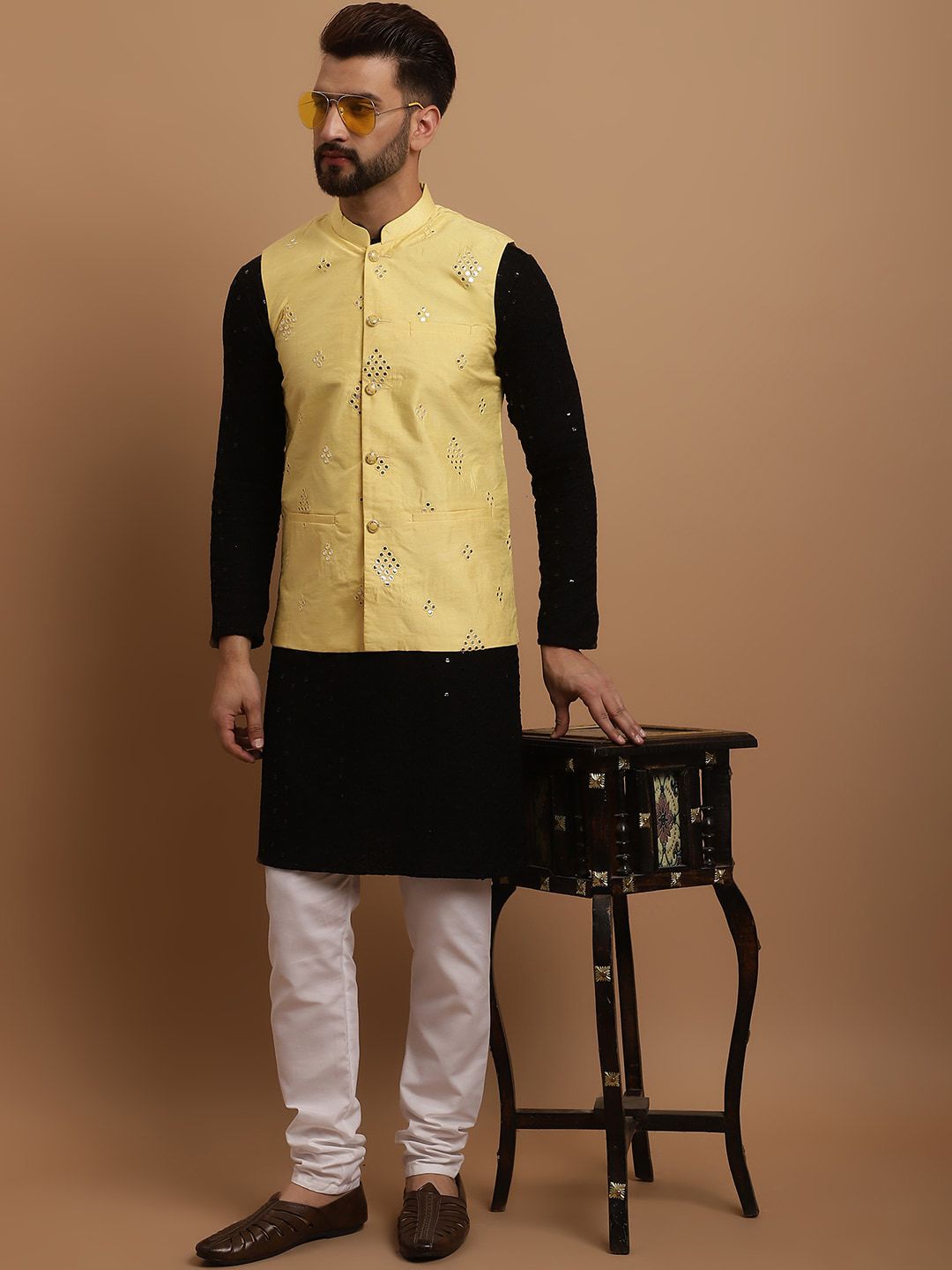 SOJANYA Ethnic Embroidered Sequinned Pure Cotton Kurta & Churidar With Nehru Jacket