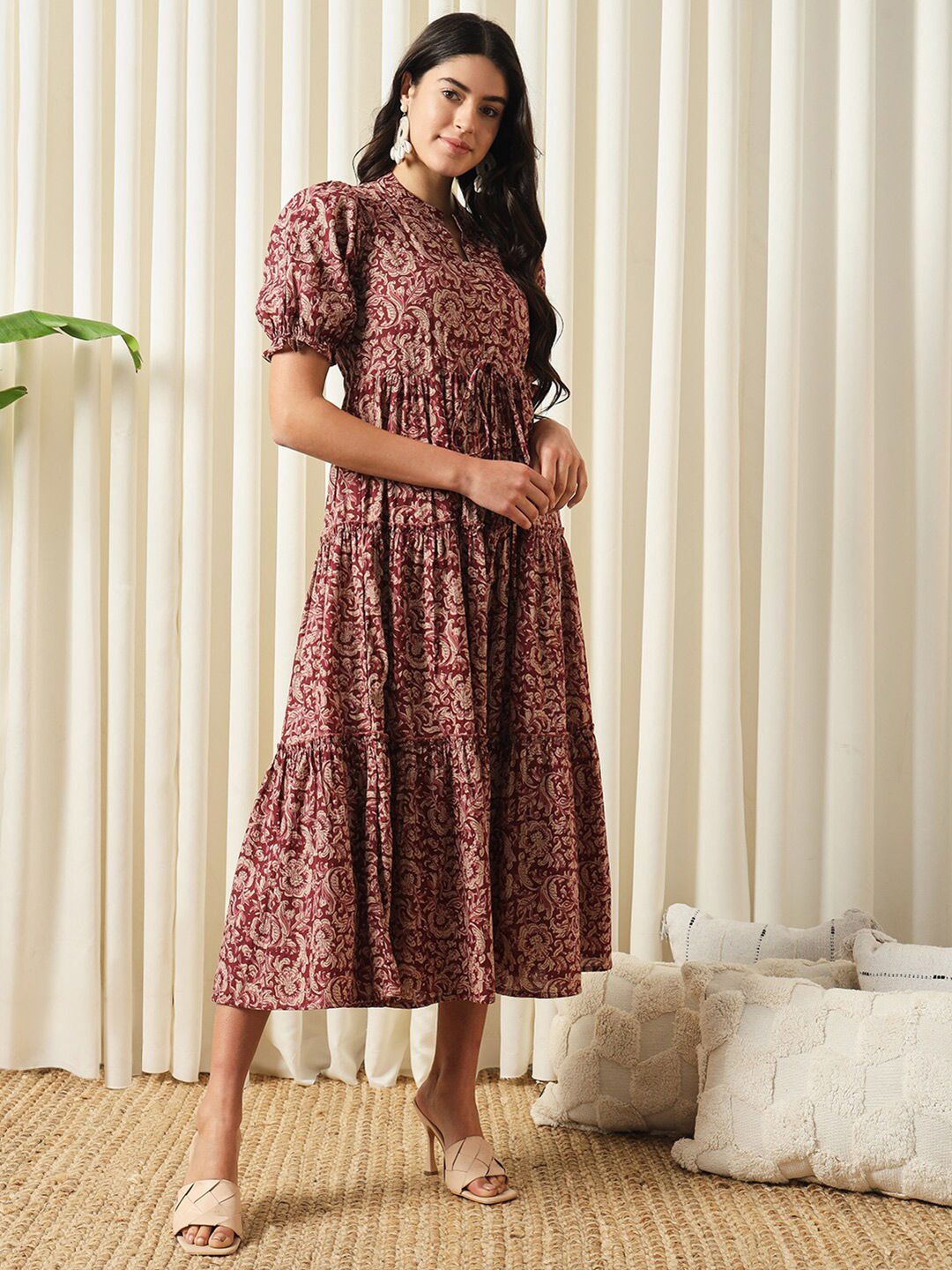 KALINI Floral Printed Mandarin Collar Puff Sleeves Cotton Fit and Flare Dress