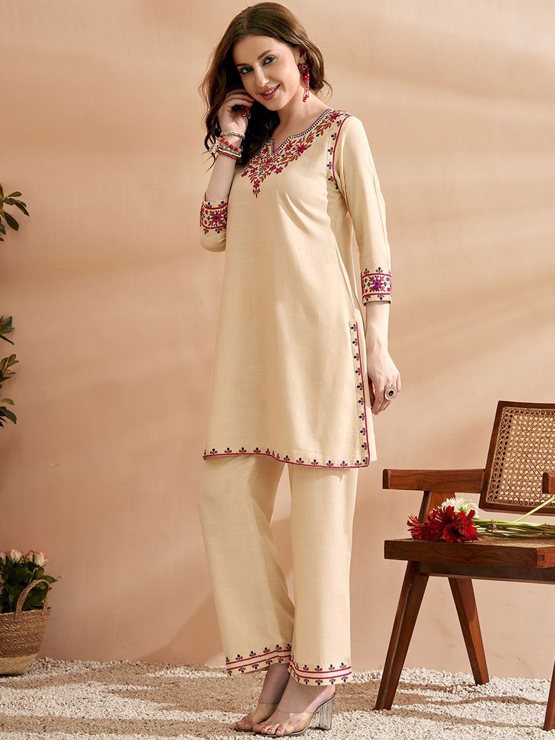 Anouk Embroidered Three Quarter Sleeves Kurta With Trousers Set